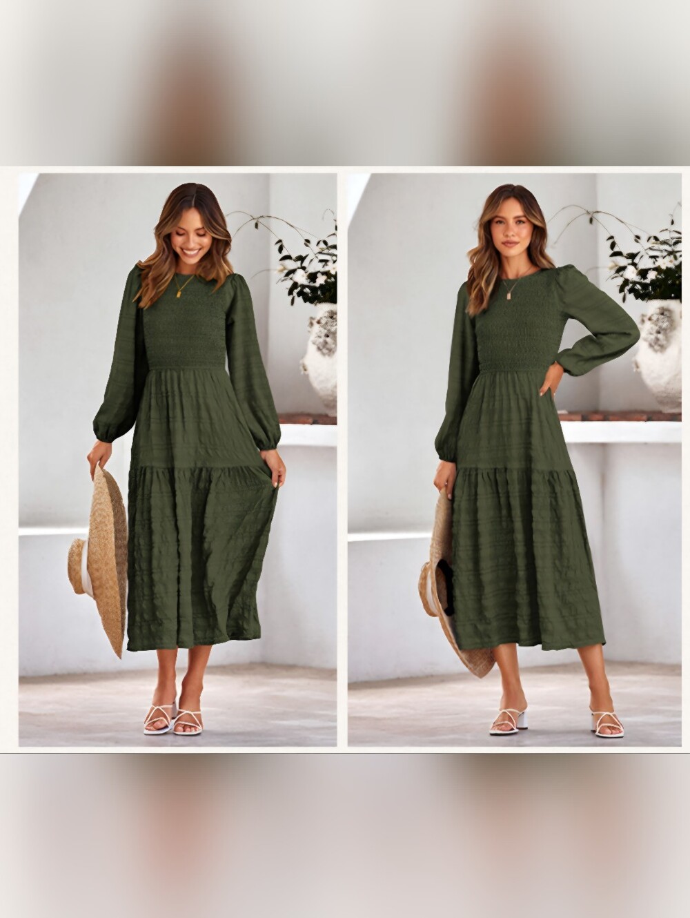 City Chic Olive Long Sleeve Smocked Tiered Maxi Dress